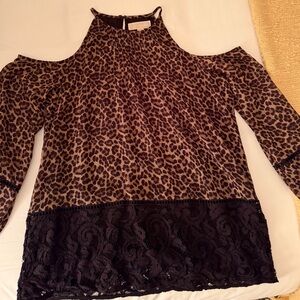 MICHAEL Michael Kors Leopard Cold-Shoulder Top w/ Black Lace Hem & keyhole back